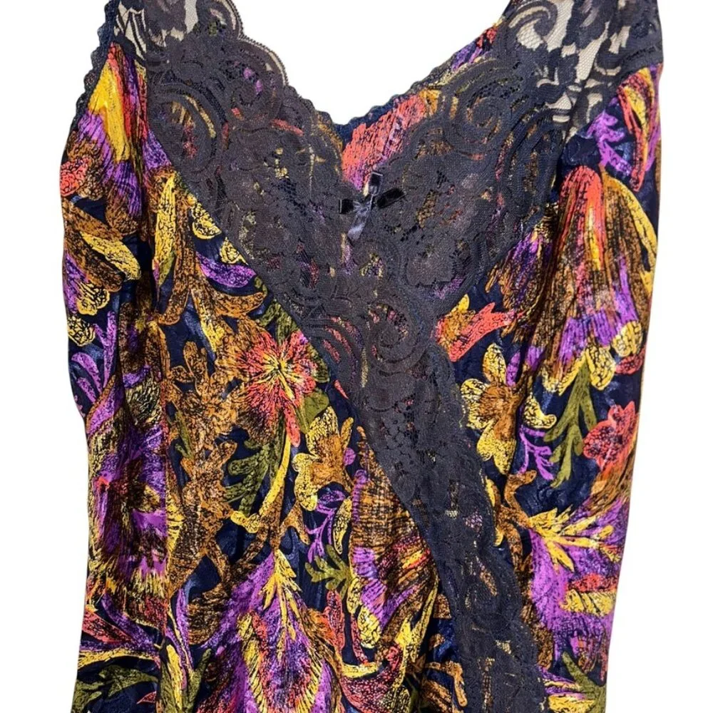 Vintage Lingerie purple gold brown floral leaves lace slip dress L - Picture 5 of 5